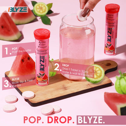 BLYZE ACV Moringa TriBoost, Apple Cider Vinegar 750mg with Moringa, Control Cravings and Weight Management, No Added Sugar, Effervescent Tablets, Watermelon Flavour, Pack of 1 (15 Tablets)