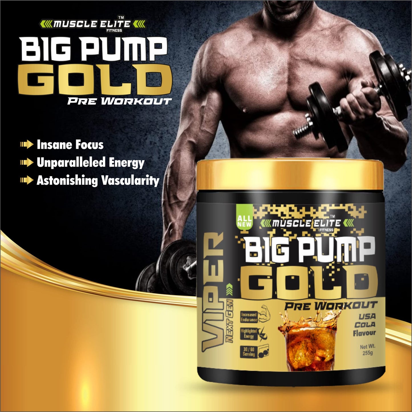 Muscle Elite Fitness Big Pump Gold Series Loaded Core Pre-Workout - Pre Workout Energy with Creatine Monohydrate + Caffeine and Beta-Alanine Performance | [Cola, 60 Servings]