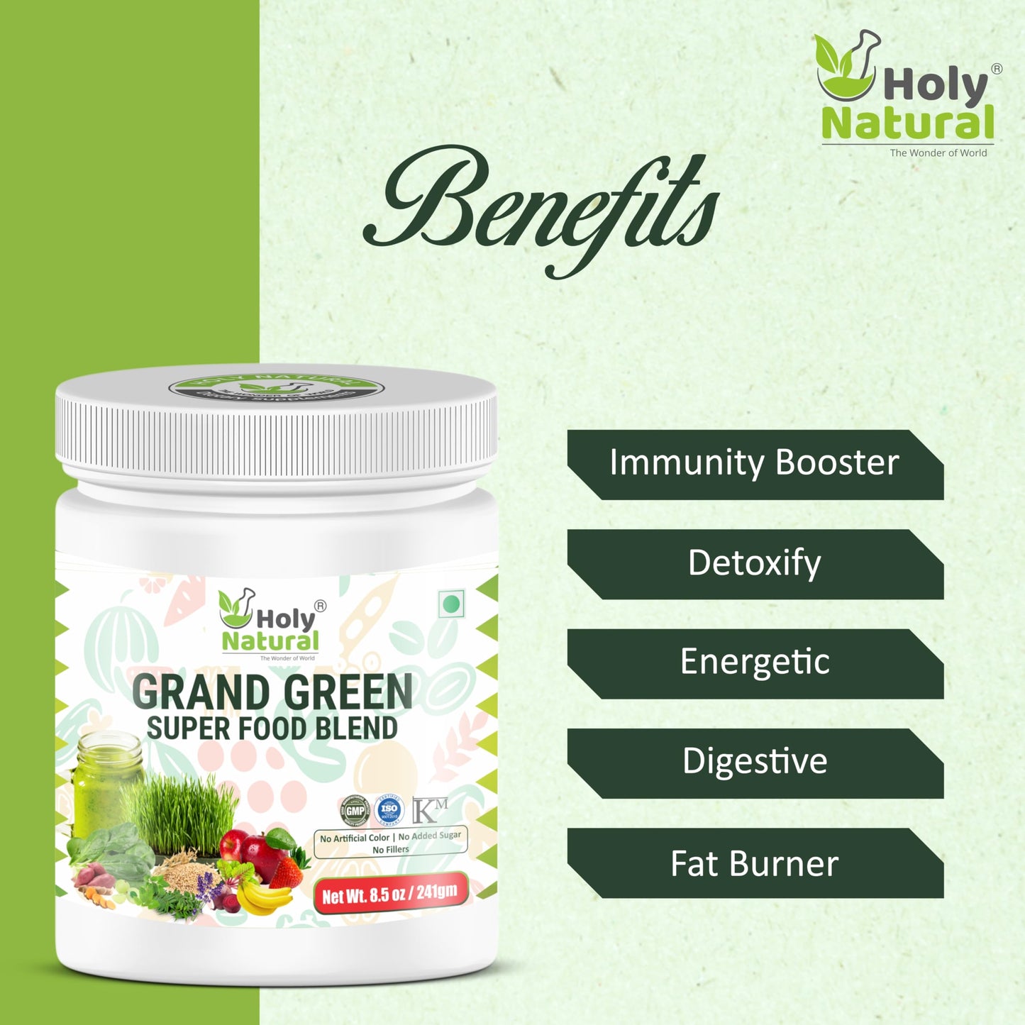 Grand Green Super Food Blend – 241 gm I 30 Serving I Rich in Vitamin C & E I Immunity & Energy Booster I Fat Burner I Supper Nutrients Blend of Herbal, Fruit & Vegetable