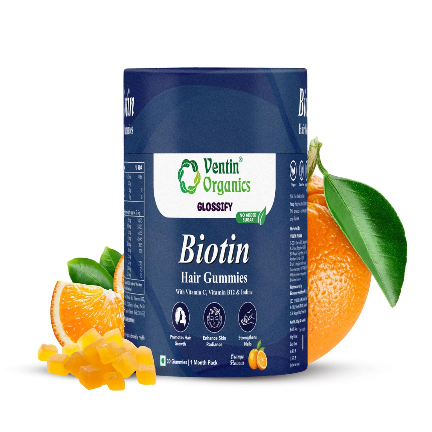 Ventin Organics Glossify Biotin Hair, Skin & Nails Gummies | 30 N | No Added Sugar | Enriched With Vitamins & Minerals | Strengthens Hairs & Nails, Brightens Skin Orange Flavour