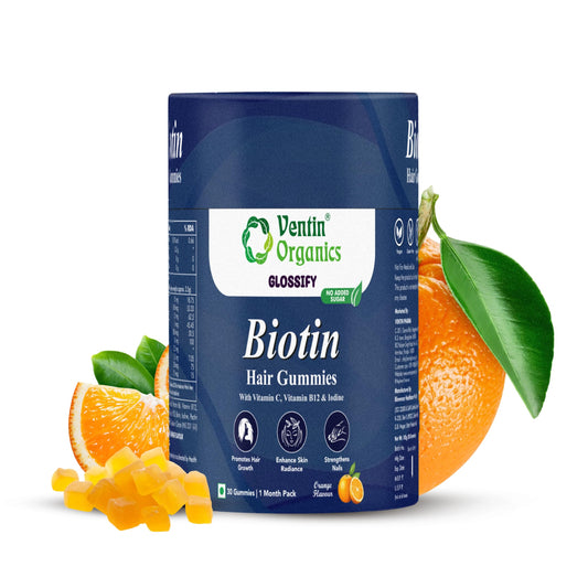 Ventin Organics Glossify Biotin Hair, Skin & Nails Gummies | 30 N | No Added Sugar | Enriched With Vitamins & Minerals | Strengthens Hairs & Nails, Brightens Skin Orange Flavour
