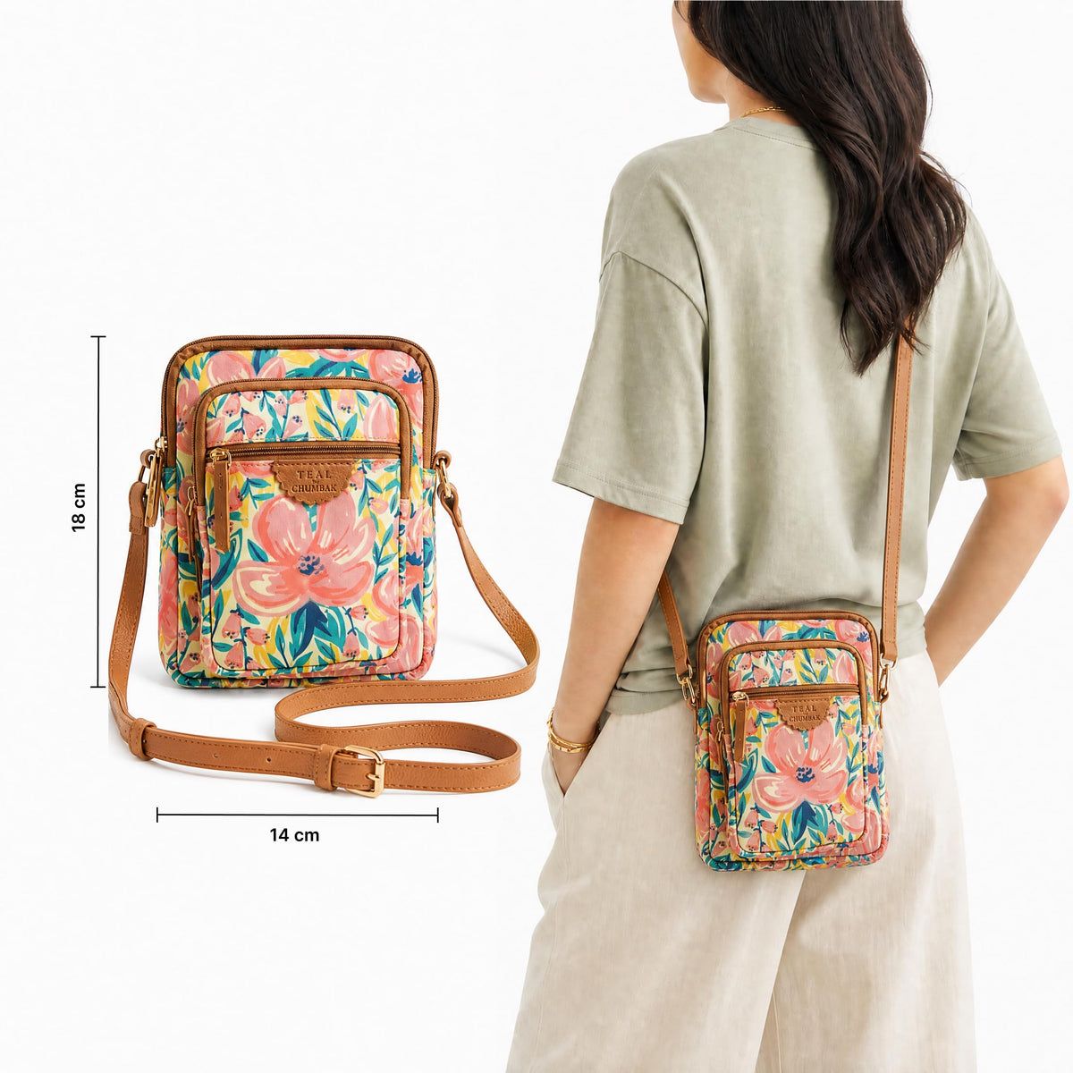 TEAL BY CHUMBAK Women's Crossbody Sling Bag, Printed Canvas Box Bag with PU Accents, Zipper Closure, Compact and Stylish Daily Use Shoulder Bag for Office, College, Travel and Casual Outings