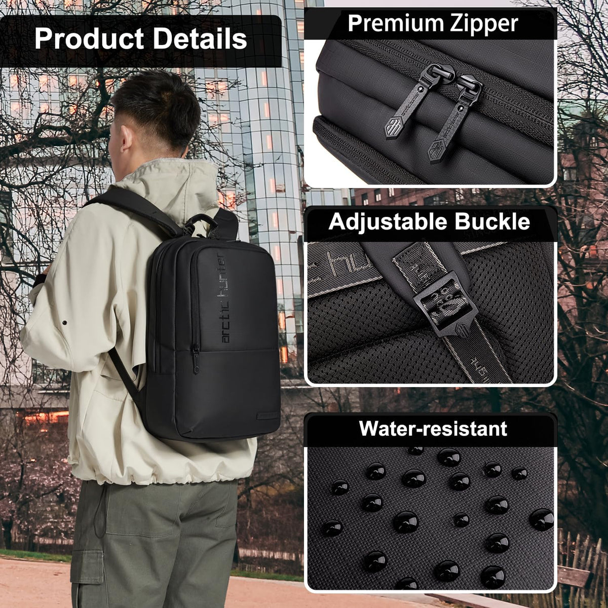 Arctic Hunter Slim Laptop Backpack for Men Women Lightweight 18L Expandable Backpack Shockproof 15.6" Laptop Pocket Water-resistant Daypack Compact Computer Bag for Casual Office Daily College, Black