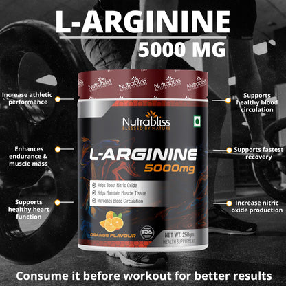 Nutrabliss L-Arginine 5000mg | Boost Nitric Oxide Levels, Enhance Muscle Recovery, Support Blood Circulation & Maintain Muscle Tissue, Amino Acid Supplement for Energy | 250 Gm Orange Flavor