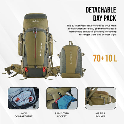 TRAWOC GLOBETROTTER 80 Liter (70+10) Internal Metal & Fiber Frame Rucksack Bag for Men & Women Trekking, Hiking Travel Backpack with Detachable Daypack, Rain Cover and Shoe Compartment, Olive Green
