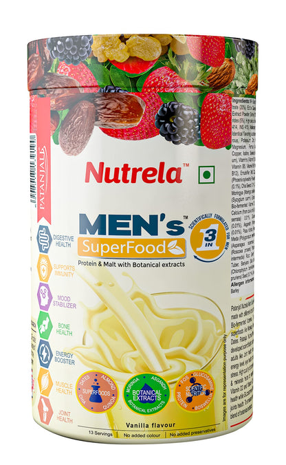 Nutrela Men Superfoods With Whey Protein Powder - 400g, Vanilla Flavor | Everyday Fitness with Biofermented Multivitamins & Whey Protein to support in Bone & Joints Health , Muscle , Heart , Hair & Nails , Ednergy Booster and Mood Stabilizer