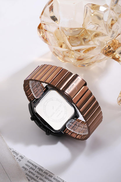 Daniel Hechter Paris Bercy Collection Modern Multi Functional Watch for Men with Square Dial and Stainless Steel Strap (Dial:Brown,Strap:Brown, Stainless Steel)