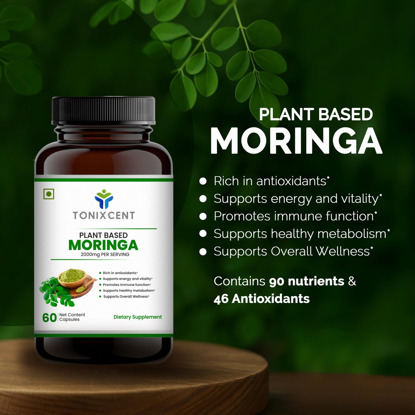 TONIXCENT Super Green Vitals Combo | Moringa 2000mg + Spirulina 2600mg Per Serving | 90 Nutrients, 46 Antioxidants | Immunity, Energy, Detox & Wellness Support | 2 x 60 Vegan Capsules