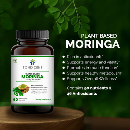 TONIXCENT Super Green Vitals Combo | Moringa 2000mg + Spirulina 2600mg Per Serving | 90 Nutrients, 46 Antioxidants | Immunity, Energy, Detox & Wellness Support | 2 x 60 Vegan Capsules