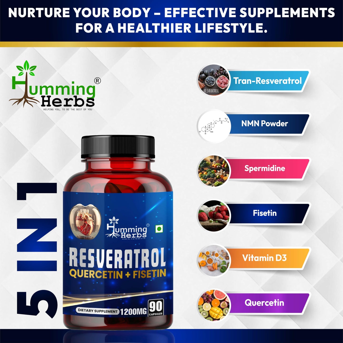 Humming Herbs Resveratrol Supplement 1200mg – 5-in-1 Formula with Quercetin, Fisetin, Spermidine & Vitamin D3 – 90 Capsules