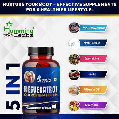 Humming Herbs Resveratrol Supplement 1200mg – 5-in-1 Formula with Quercetin, Fisetin, Spermidine & Vitamin D3 – 90 Capsules