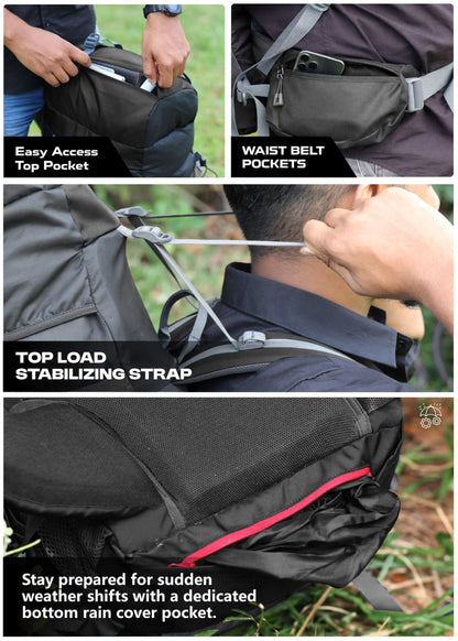 TRAWOC PEAKPRO 75 Liter Travel Backpack for Hiking Trekking Bag Camping Rucksack with Laptop Compartment/Rain Cover/Shoe Compartment BHK002, 3 Year Warranty, Black
