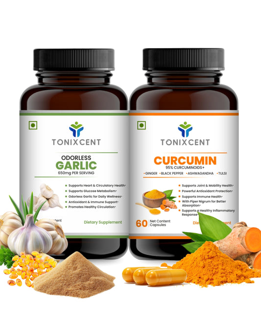 TONIXCENT Anti-Inflammation Blend | Curcumin & Garlic Capsules | Supports Heart Health, Inflammation & Immunity | 60+60 Vegan Capsules