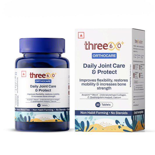 three60+ Daily JOINT CARE & PROTECT tablets | Improves Bone Strength, Promotes Cartilage Repair, Enhances Joint Mobility | Acujoint, Undenatured type-II collagen, Hadjod | 30 Tablets