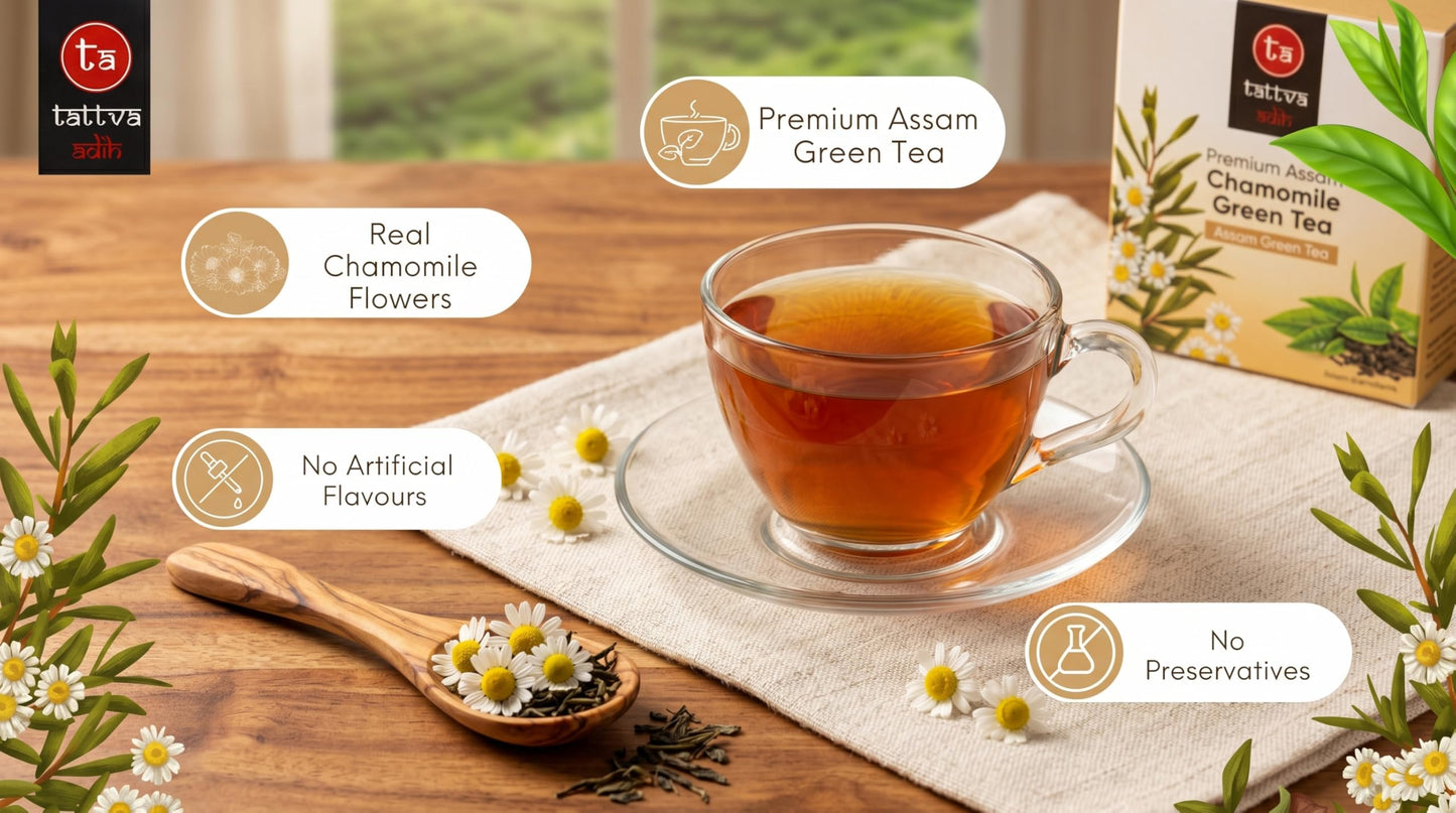 Tattva Adih Chamomile Green Tea | Stress Relief & Good Sleep I Whole Leaf Green Tea & Pure Flower Buds of Chamomile|Loose Leaves (100 grams (Airtight Container))