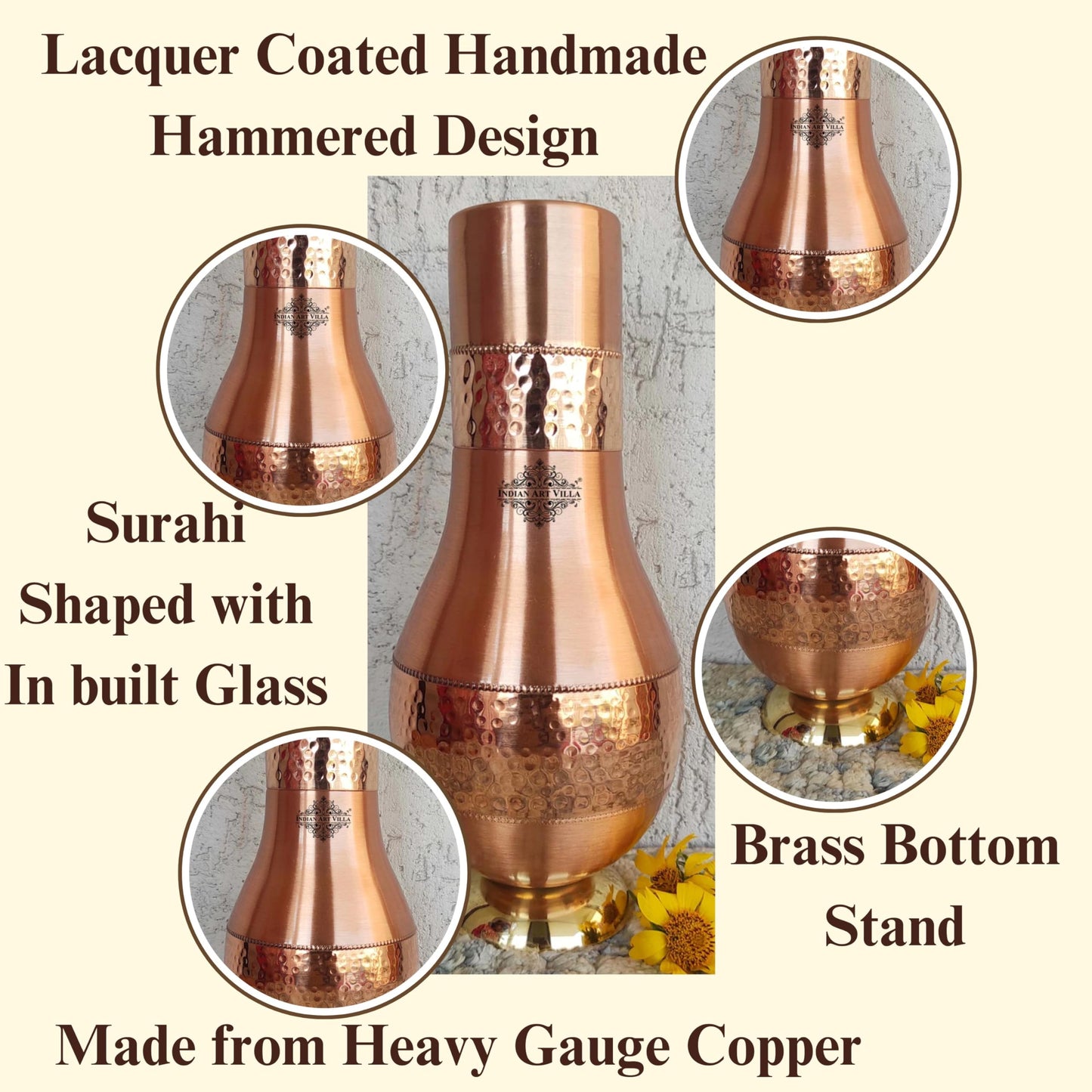 INDIAN ART VILLA Pure Copper Bedroom Water Bottle with Inbuilt Glass, Surahi Design with Brass Bottom - Half Hammered Finish, Volume 925 ml (Pack of 1)