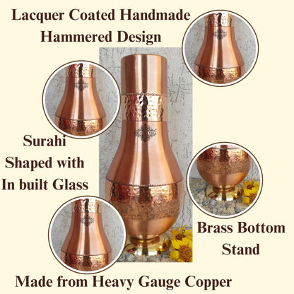 INDIAN ART VILLA Pure Copper Bedroom Water Bottle with Inbuilt Glass, Surahi Design with Brass Bottom - Half Hammered Finish, Volume 925 ml (Pack of 1)