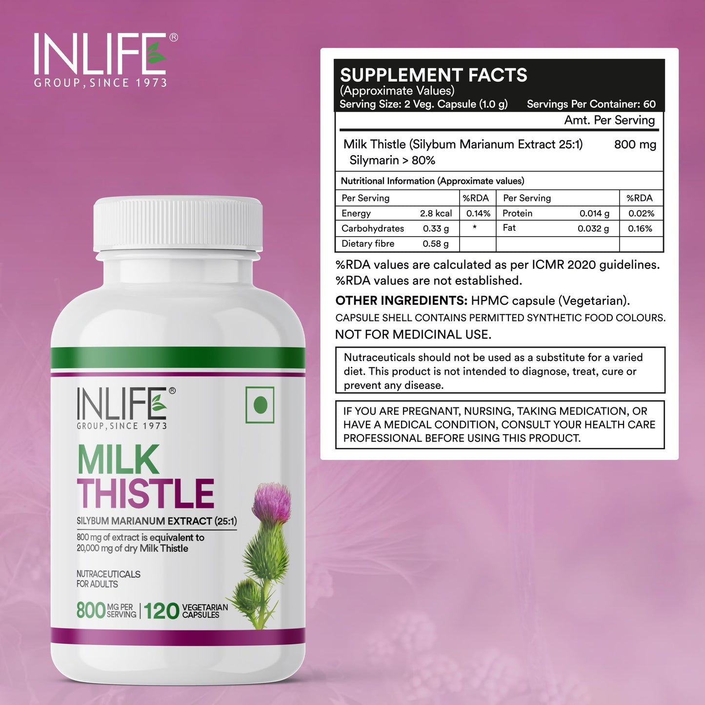 INLIFE Milk Thistle 800mg Silymarin, Silybum Marianum Extract 25:1, Liver Health & Detox Function, Men Women, 120 Veg Capsules (Pack of 2)