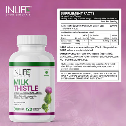 INLIFE Milk Thistle 800mg Silymarin, Silybum Marianum Extract 25:1, Liver Health & Detox Function, Men Women, 120 Veg Capsules (Pack of 2)