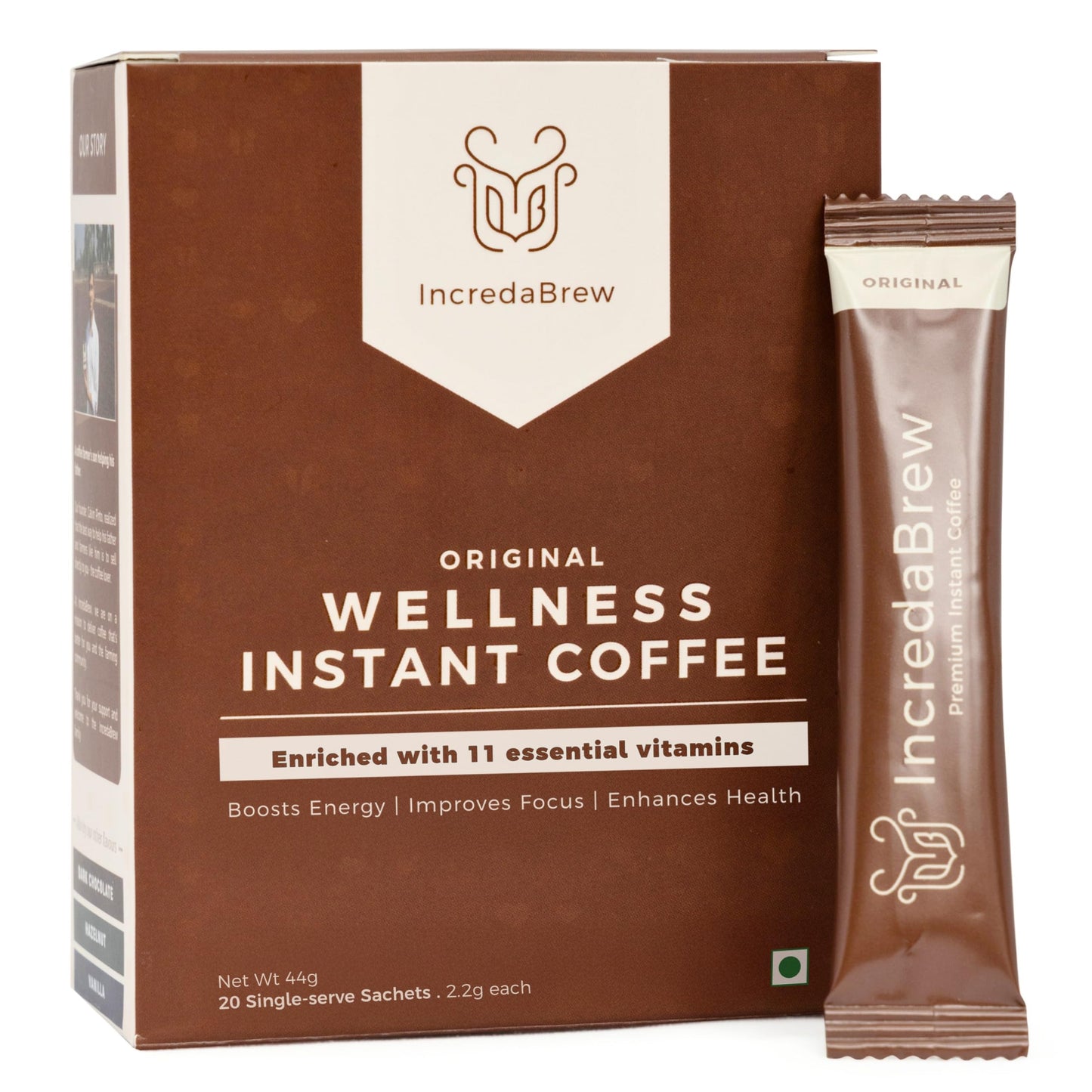 IncredaBrew Wellness Instant Coffee Powder - 20 Cups, Vitamin Rich Diet Coffee for Hot/Cold Coffee, Milk/Black Coffee | 20 x 2.2g Instant Coffee Sachets