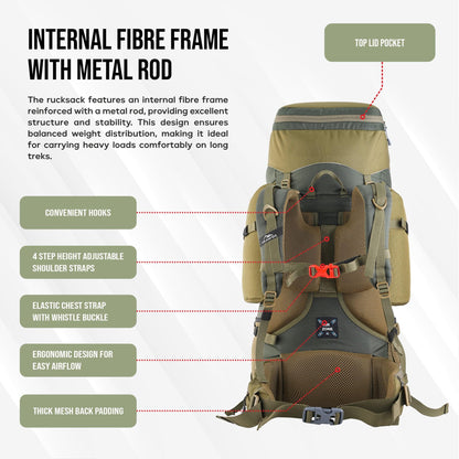 TRAWOC GLOBETROTTER 80 Liter (70+10) Internal Metal & Fiber Frame Rucksack Bag for Men & Women Trekking, Hiking Travel Backpack with Detachable Daypack, Rain Cover and Shoe Compartment, Olive Green