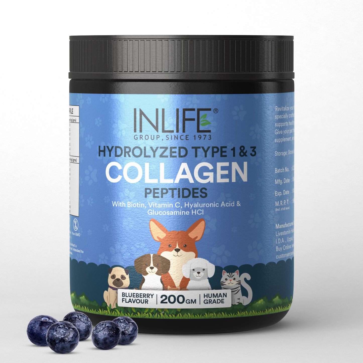 INLIFE Collagen for Dogs & Cats | Hydrolysed Collagen Powder | Clinically Proven Ingredient with Biotin, Vitamin C, Hyaluronic Acid & Glucosamine | Pet Supplement (Blueberry)