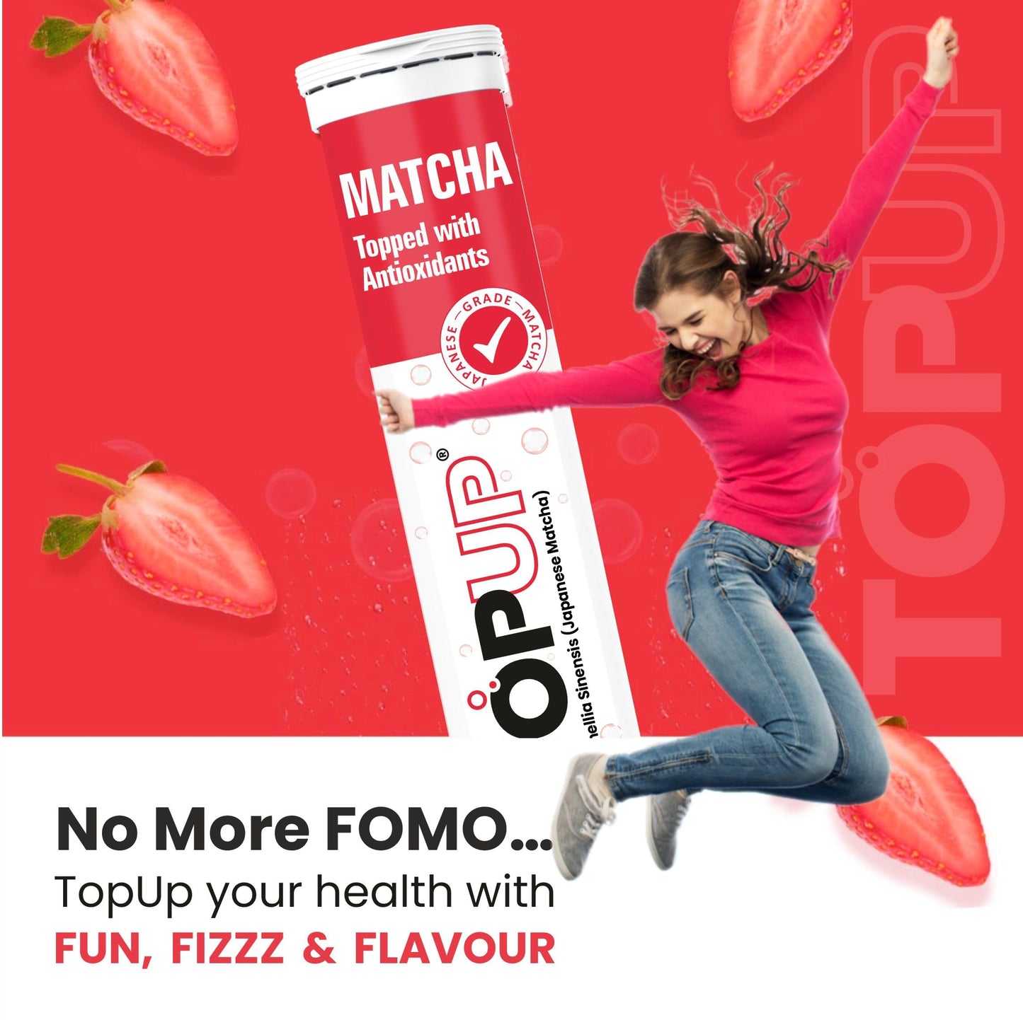 TopUp Organic Japanese Matcha Green Tea Effervescent Tablets for Energy & Focus | Helps Detox & Clear Skin | 40 Tablets (Pack of 2) (Strawberry watermelon Flavor)