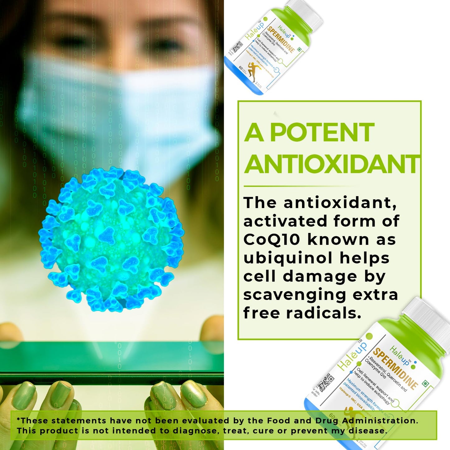 Haleup 99% Spermidine Trihydrochloride with Resveratrol| For Healthy Ageing | Autophagy| Cell Renewal | Immunity| Skin and Hair | Cognitive Support (1 pack X 60s count)