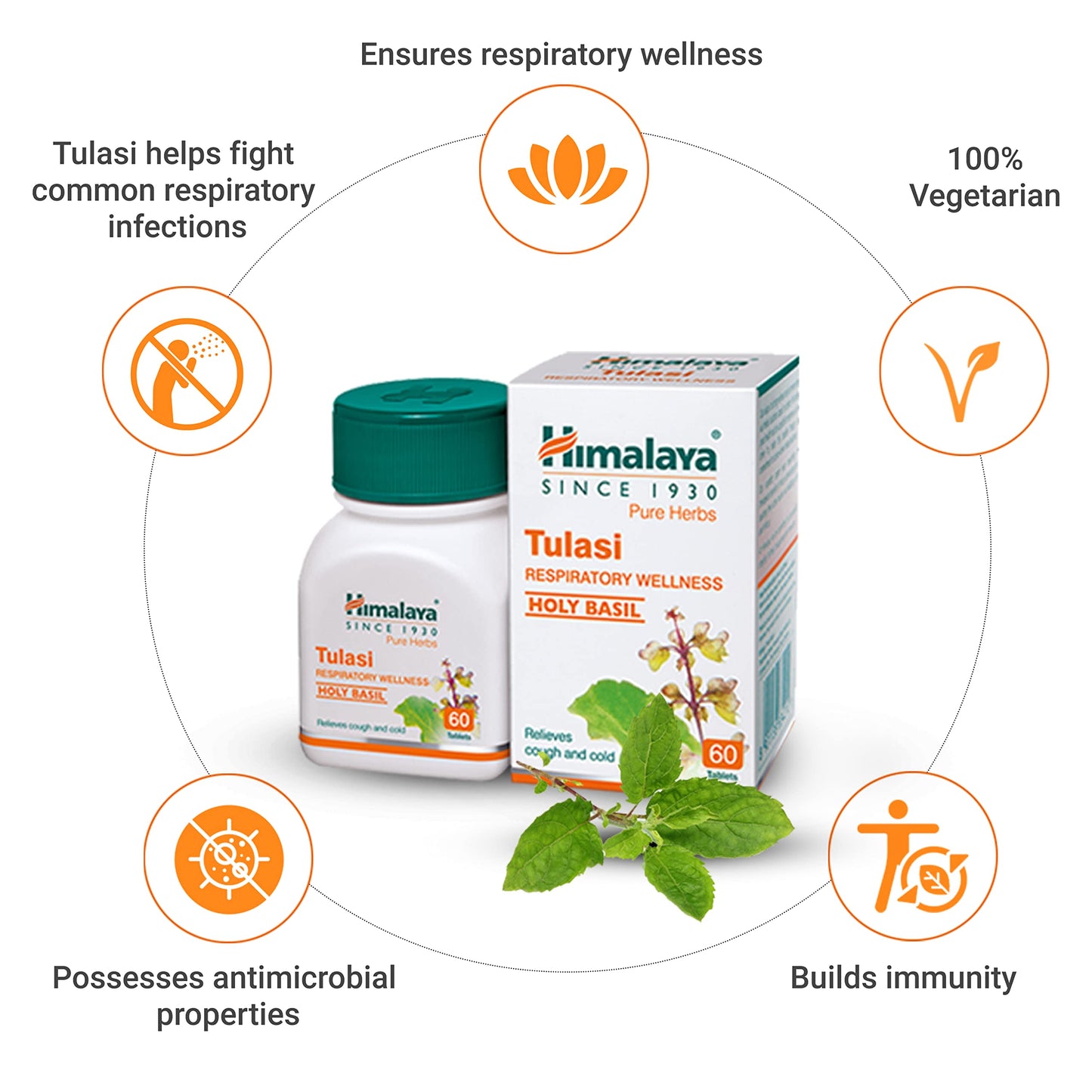 Himalaya Wellness Pure Herbs Tulasi Respiratory Wellness | Holy Basil |Relieves cough and cold| -Pack of 60 Tablets