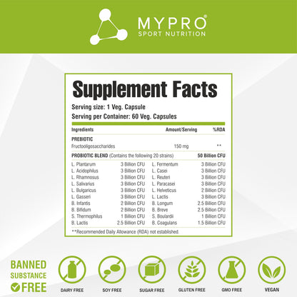 Mypro Sport Nutrition Probiotics Supplement 30 Billion FC Multi Strain Formula For Daily Probiotic Support Improves GI Immunity Helps To Maintain Healthy Digestive System For Men & Women 60-Capsules