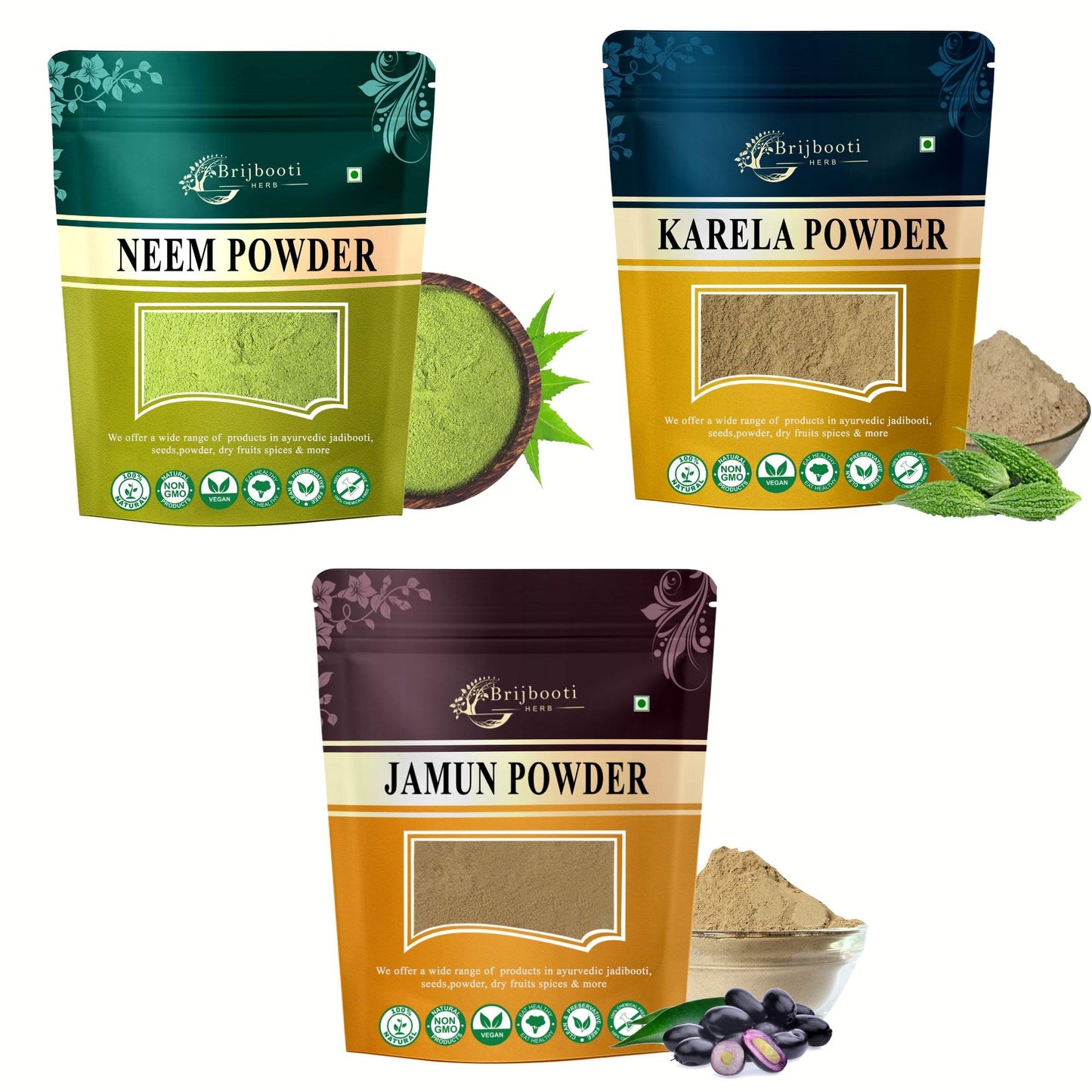 Brijbooti Neem Karela Jamun Powder For Health Care - 300 Gr (100 Gr Each)