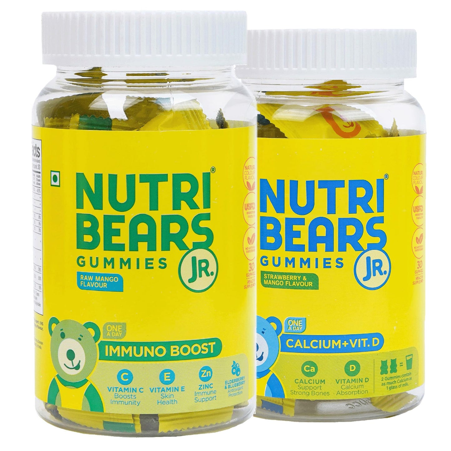 NutriBears Kids Calcium and Immne Gummies for Kids and Teens, 60 Gummy Chewables, Strawberry and Raw Mango Flavour, Natural Gelatin Free Vegetarian Supplement for Strong Bones and Immunity, Combo Pack of 2