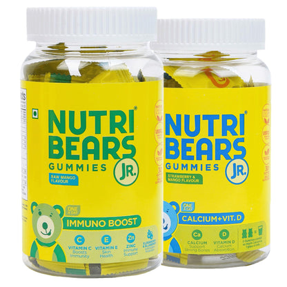 NutriBears Kids Calcium and Immne Gummies for Kids and Teens, 60 Gummy Chewables, Strawberry and Raw Mango Flavour, Natural Gelatin Free Vegetarian Supplement for Strong Bones and Immunity, Combo Pack of 2