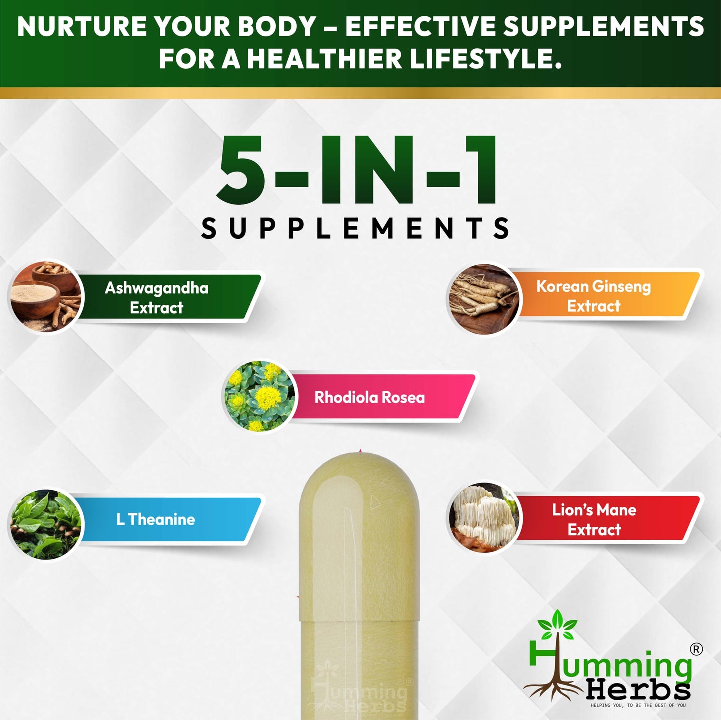 Humming Herbs Ashwagandha Pro - High Potency Adaptogen Blend with Rhodiola Rosea, Red Korean Ginseng, L-Theanine, & Lion's Mane - Natural Stress Relief & Cognitive Support(60 Caps)
