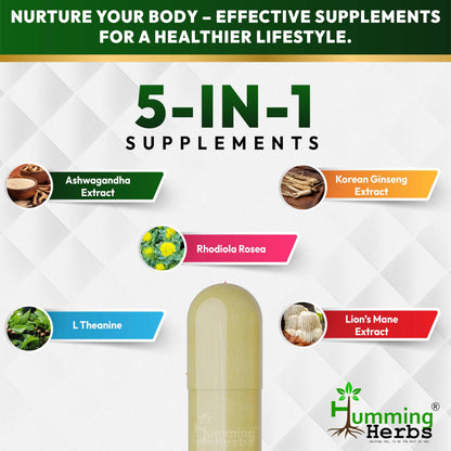 Humming Herbs Ashwagandha Pro - High Potency Adaptogen Blend with Rhodiola Rosea, Red Korean Ginseng, L-Theanine, & Lion's Mane - Natural Stress Relief & Cognitive Support(60 Caps)