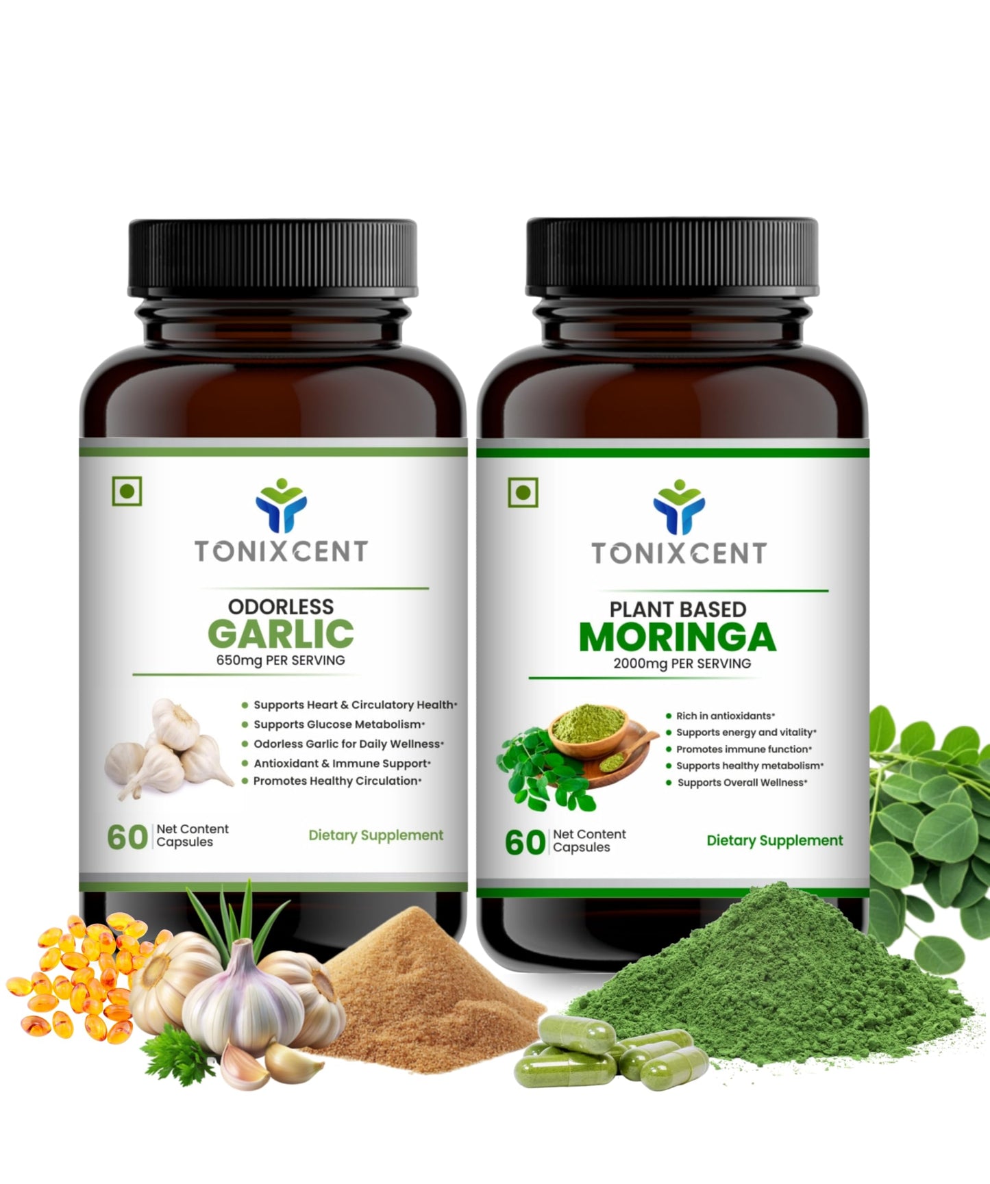 TONIXCENT Immuno-Cleanse Combo – Garlic 650mg & Moringa 2000mg Capsules, 60+60 Vegan Capsules