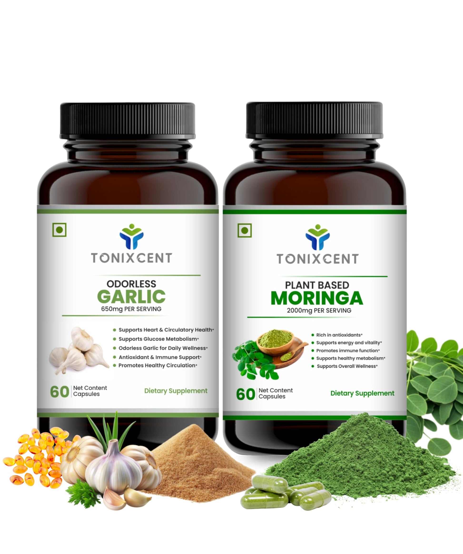 TONIXCENT Immuno-Cleanse Combo – Garlic 650mg & Moringa 2000mg Capsules, 60+60 Vegan Capsules