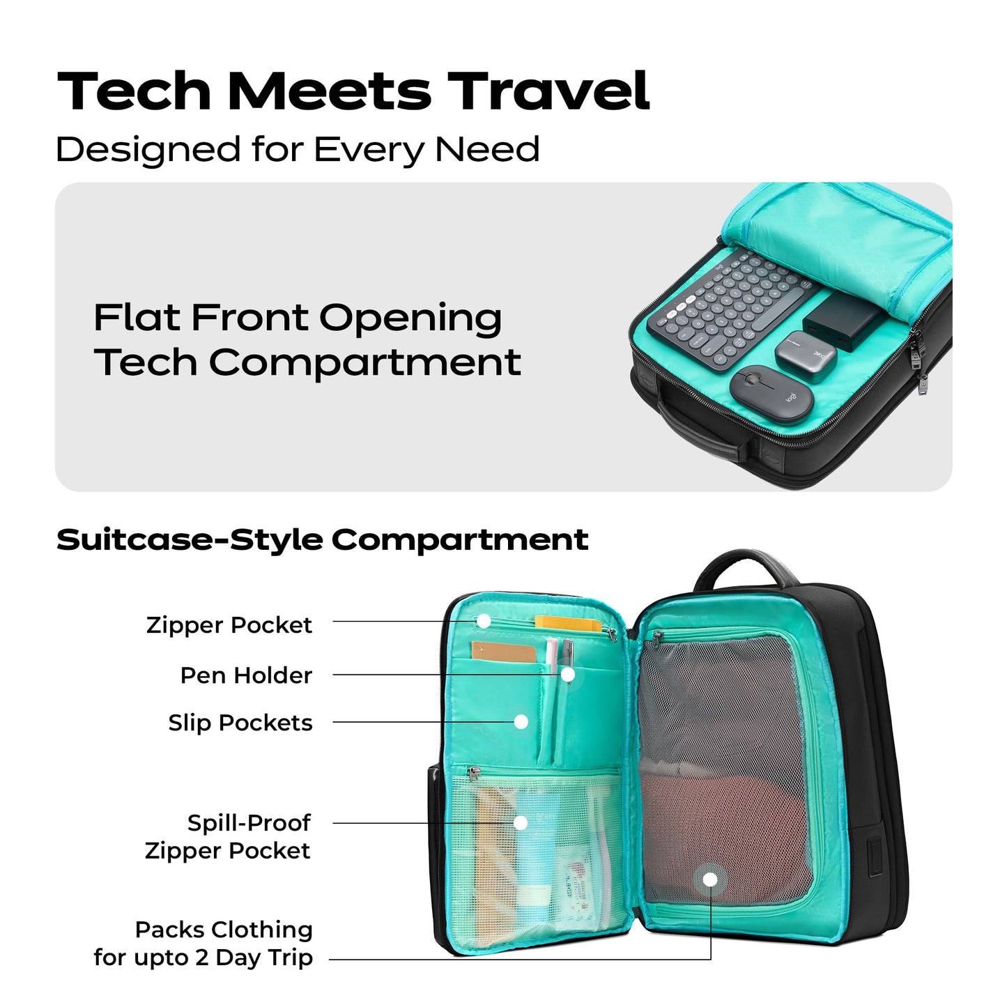 ONNIRICO 21.6L 3-in-1 Expandable Laptop Backpack, TSA Friendly Water Resistant Travel Rucksack with 2 Detachable Pouches, 180° Opening Professional Business Bag for Men & Women, Infinity Black