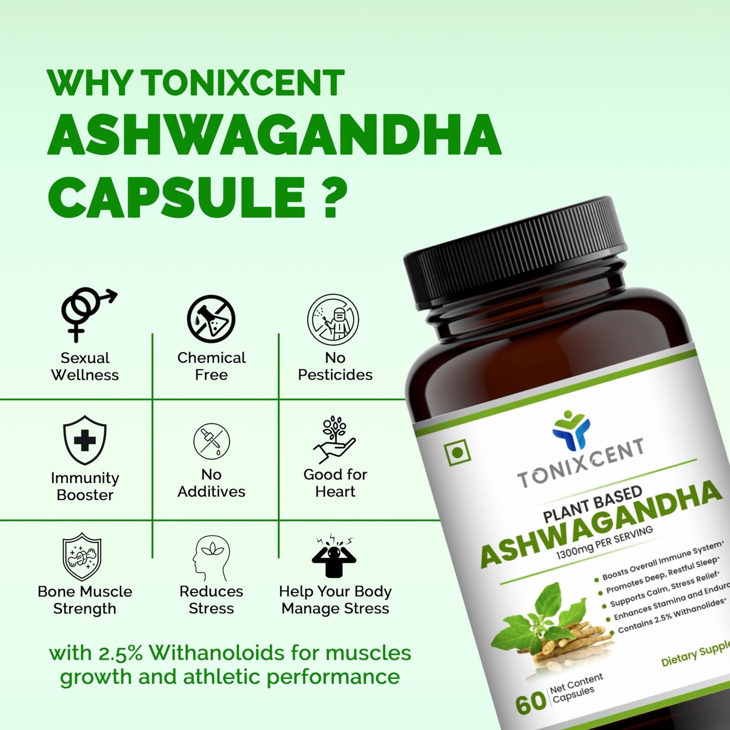 TONIXCENT ImmunoPower Recharge | Ashwagandha & ImmunoShield Capsules Combo | Stress Relief, Immunity & Energy | With Amla, Giloy, Tulsi & Adaptogens | 60+60 Veg Capsules