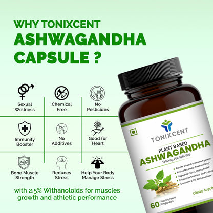 TONIXCENT ImmunoPower Recharge | Ashwagandha & ImmunoShield Capsules Combo | Stress Relief, Immunity & Energy | With Amla, Giloy, Tulsi & Adaptogens | 60+60 Veg Capsules