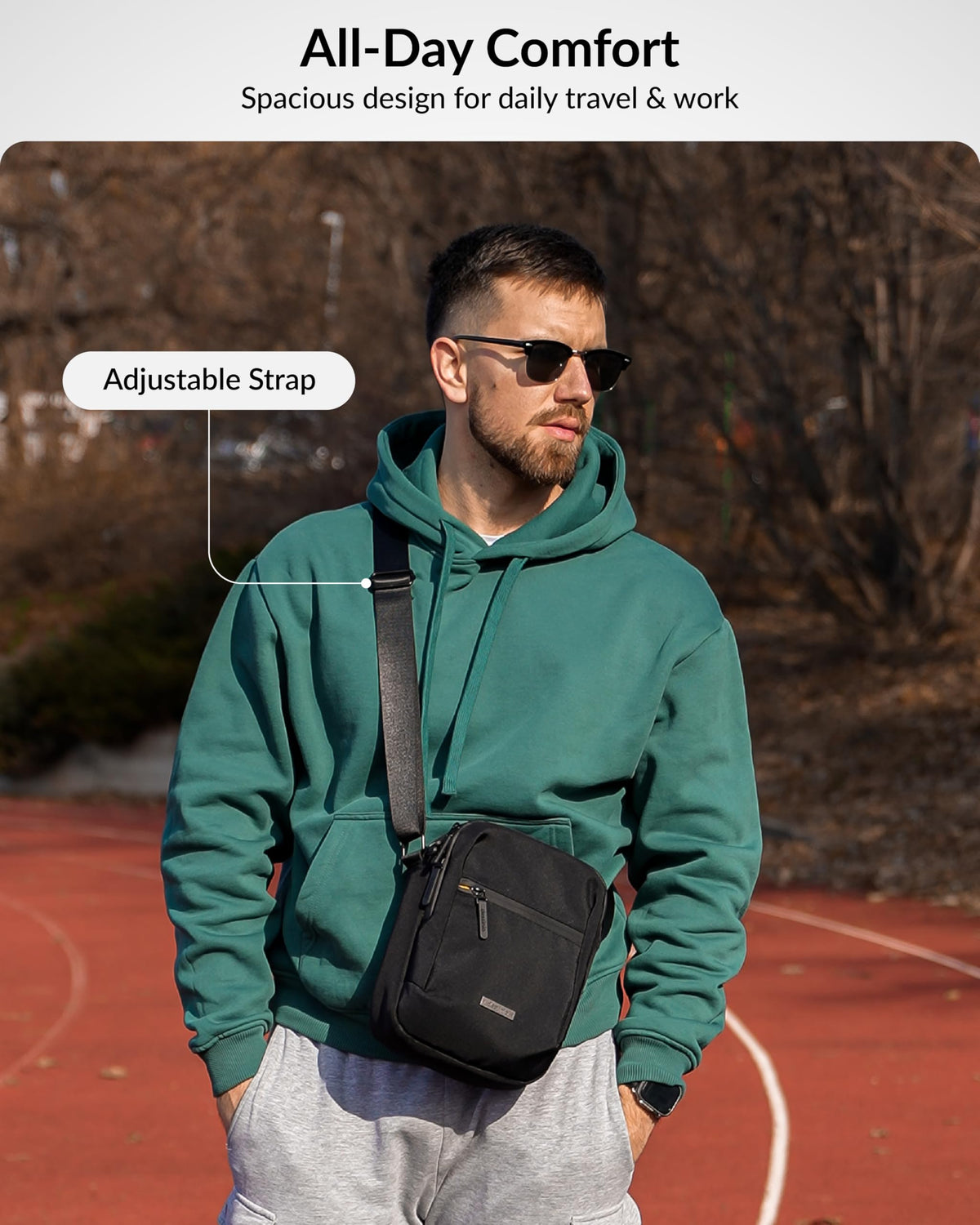 Destinio Padded Sling Bag for Men & Women | Lightweight Side Shoulder Bag | Crossbody Carry for Travel & Daily Use | Mobile Passport Cash Storage | Water Resistant Zipper | Anti Theft Lock (Black)