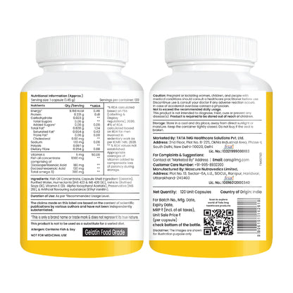 Tata 1mg Salmon Omega 3 Fish Oil Supplements 1000mg - 120 Capsules |Triglyceride form | 180mg EPA & 120mg DHA | High Absorption for Heart,Brain & Joints | Helps Manage Cholesterol