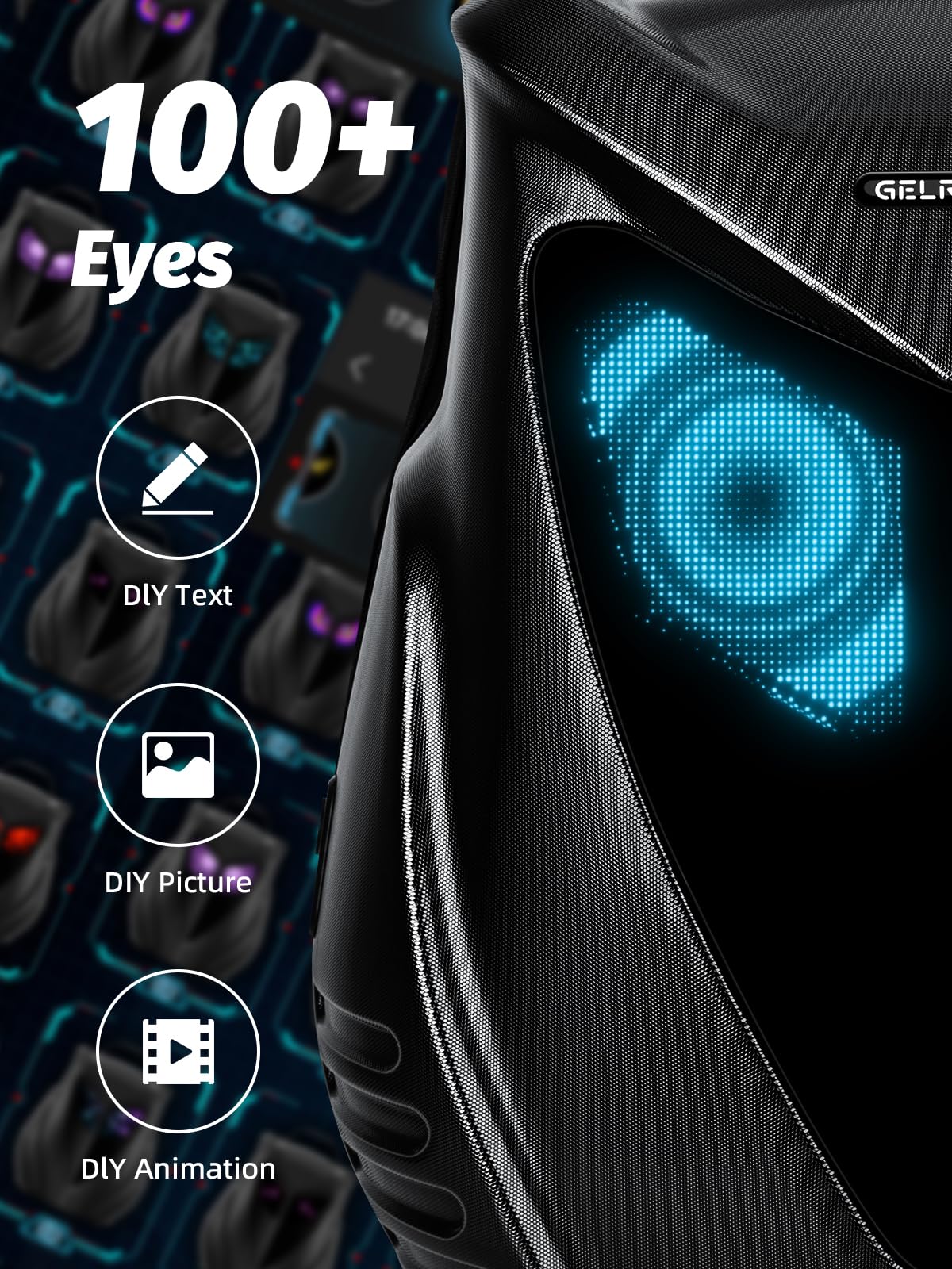 Gelrova Owl Eyes Motorcycle LED Backpack - 22L Expandable, Hardshell APP-Controlled LED Display Cyberpack, Fits 15.6" Laptop, Battery not included
