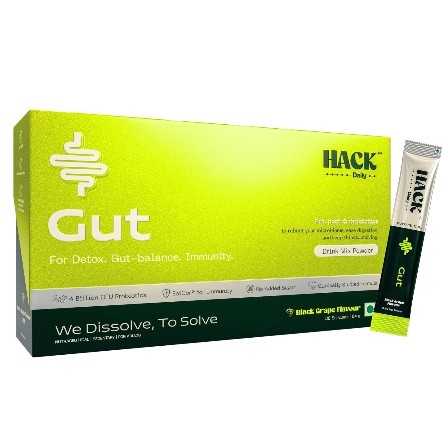 Hack Daily Gut Health 28 Sachets Drink Mix Powder | Pre, Post & Probiotics with 4 Billion CFU Probiotics & Inulin | Supports Digestion, Gas Relief & Immunity | No Added Sugar | Black Grape Flavour