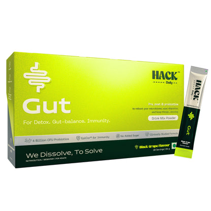 Hack Daily Gut Health 28 Sachets Drink Mix Powder | Pre, Post & Probiotics with 4 Billion CFU Probiotics & Inulin | Supports Digestion, Gas Relief & Immunity | No Added Sugar | Black Grape Flavour