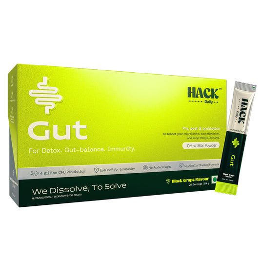 Hack Daily Gut Health 28 Sachets Drink Mix Powder | Pre, Post & Probiotics with 4 Billion CFU Probiotics & Inulin | Supports Digestion, Gas Relief & Immunity | No Added Sugar | Black Grape Flavour