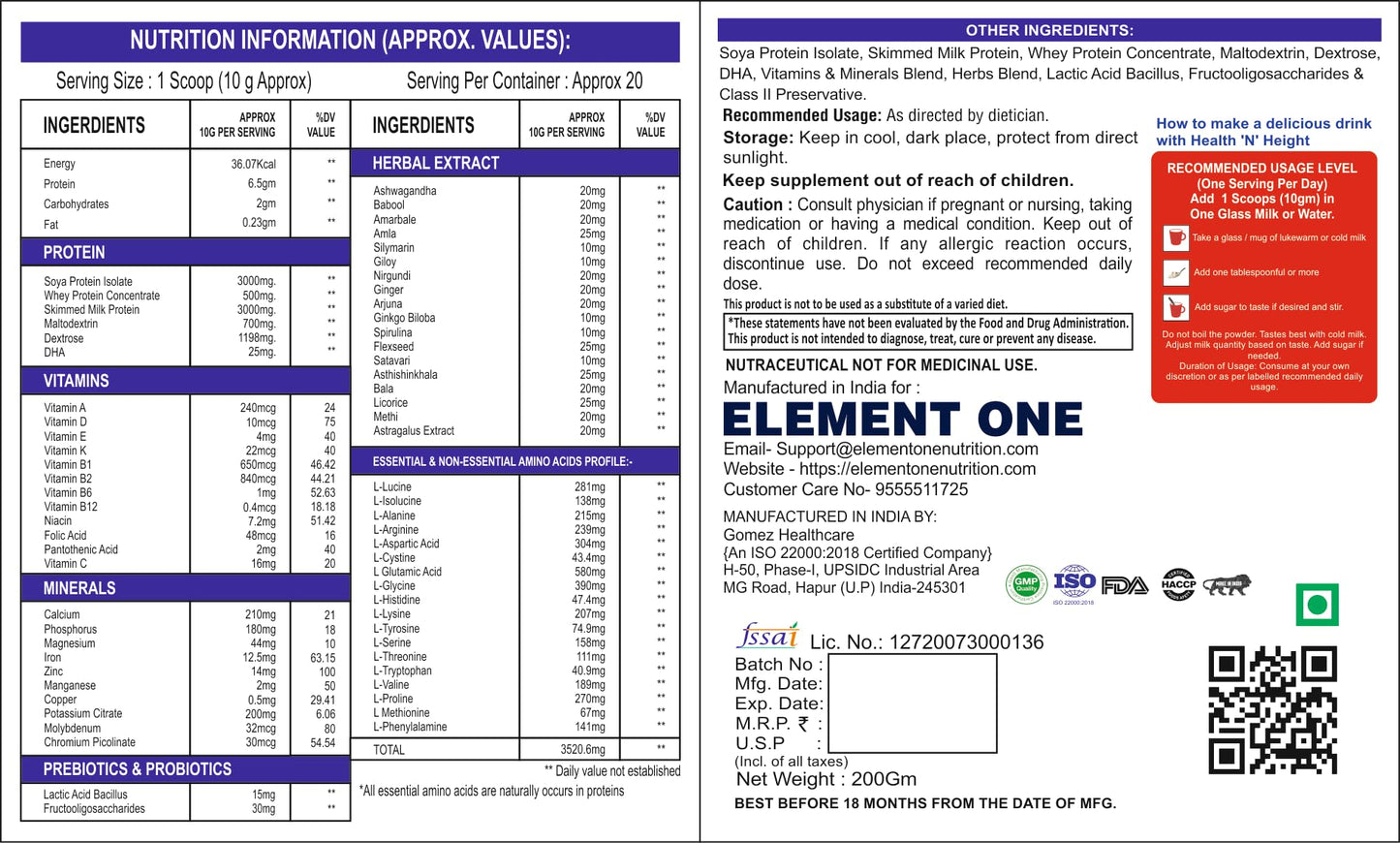 Element One Health N Height Growth, Height, Immunity, Active and Strong Child, Kids - Protein Powder with Herbal Ayurvedic Extract Mixed Tasty Chocolate Pack of 2 400 Gram