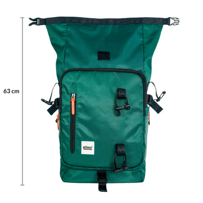 MONKEY TROOPERS Homie 35L Roll Top Laptop for Unisex Backpack Bag Green Expandable Roll Top Closure Hidden Valuables Pocket Organizer Panel Compression Straps Padded Carrying Support