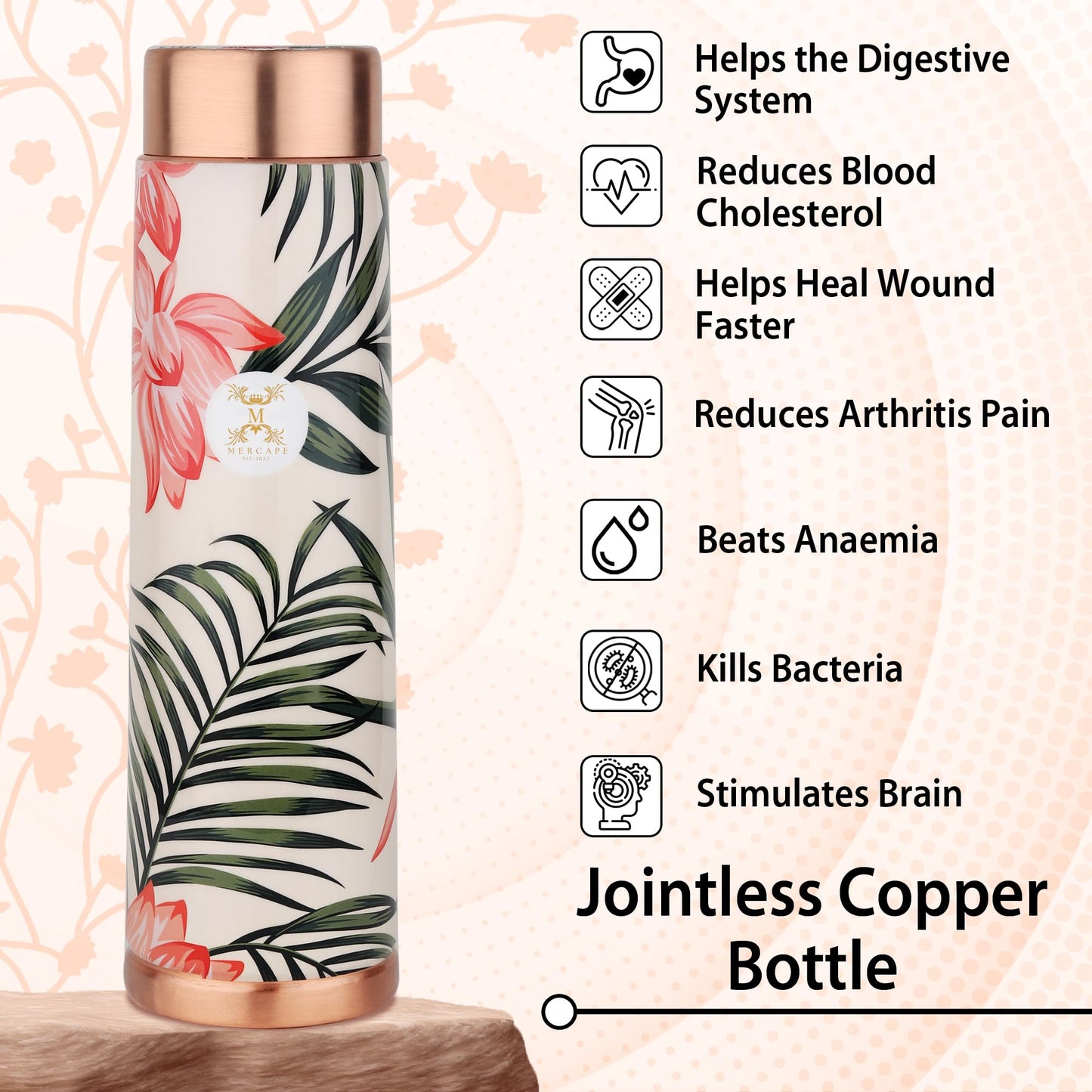 MERCAPE® - Copper Bottles for Water with Leak Proof Lid | 100% Pure Copper Bottle | BPA Free & Non Toxic | Printed Ayurvedic Copper Bottle for Health Benefits - 950 ML