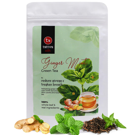 Tattva Adih Ginger Mint Green Tea 100g 60+ Cups | Aids Digestion | Refreshing Whole Green Tea & Natural Ginger Mint (100 grams (Ziplock Pouch))